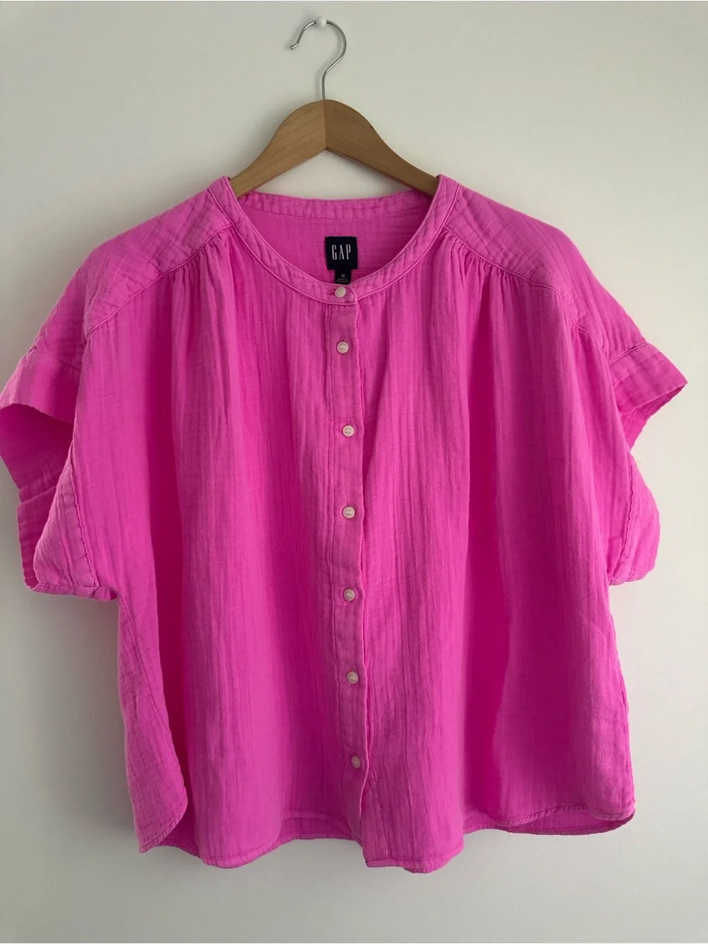 GAP Cotton Gauze Dolman Shirt Bright Pink Button-Front Short Sleeve M New